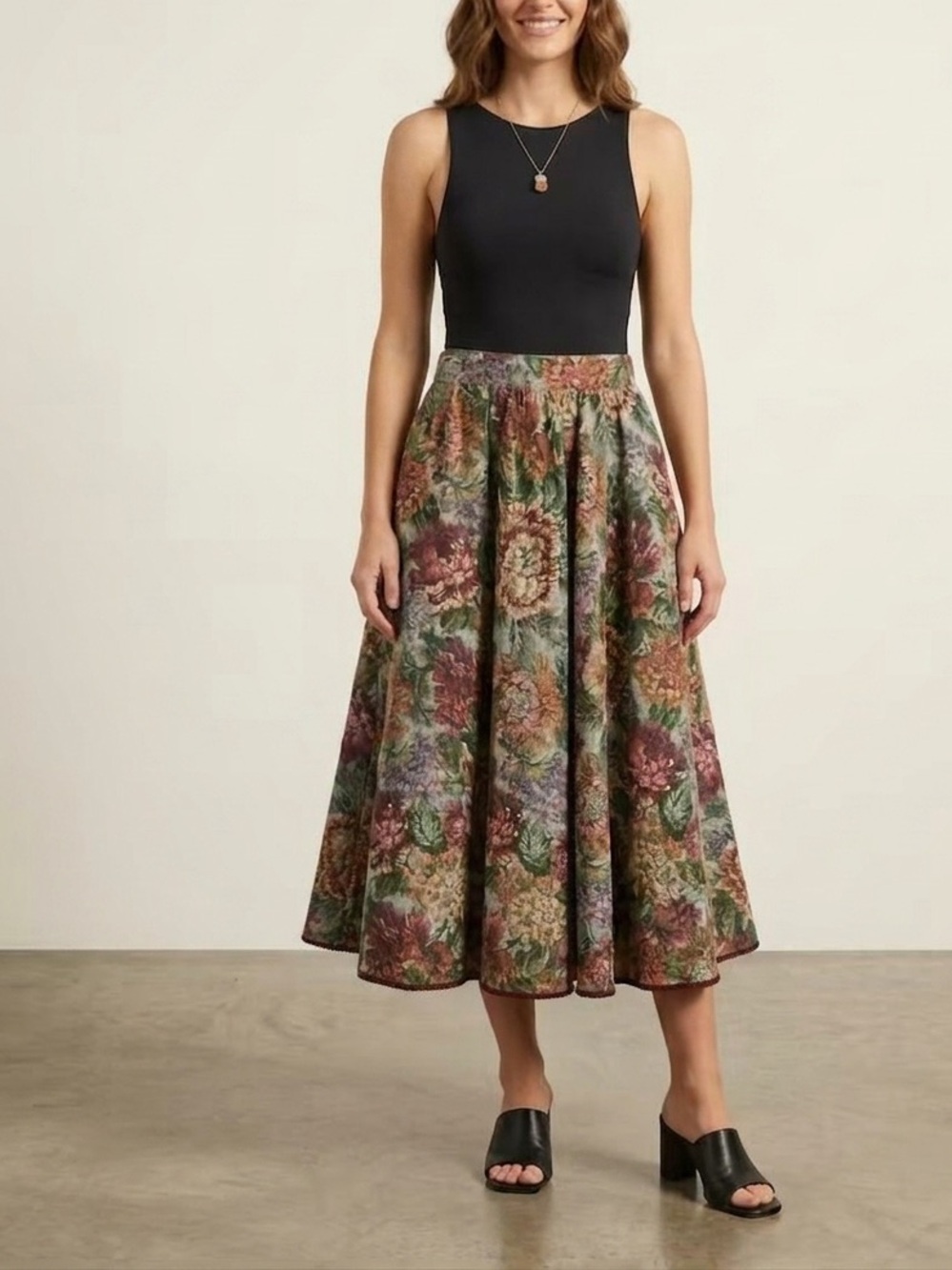 Vintage German Alexander Cotton Floral Tapestry A Line Skirt Size 36 US Small